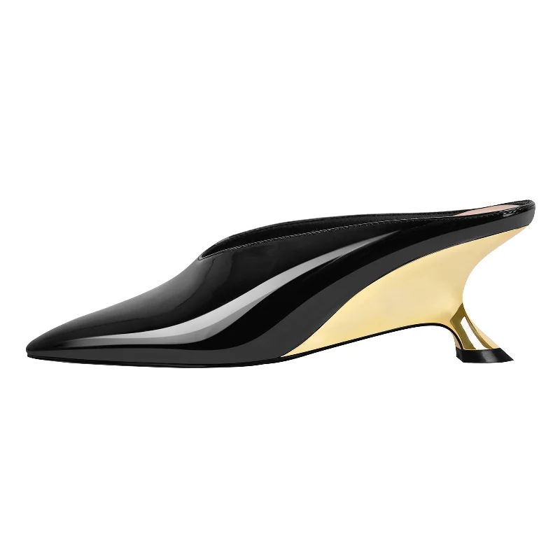 Pointed Toe Patent Leather Wedge Heel Mule Pumps