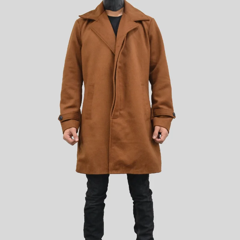 Men's Single Breasted Slim Fit Brown Three Quarter Wool Coat