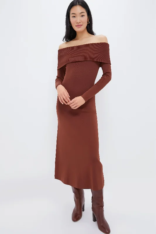 Mocha Knit Off-The-Shoulder Adrianna Dress