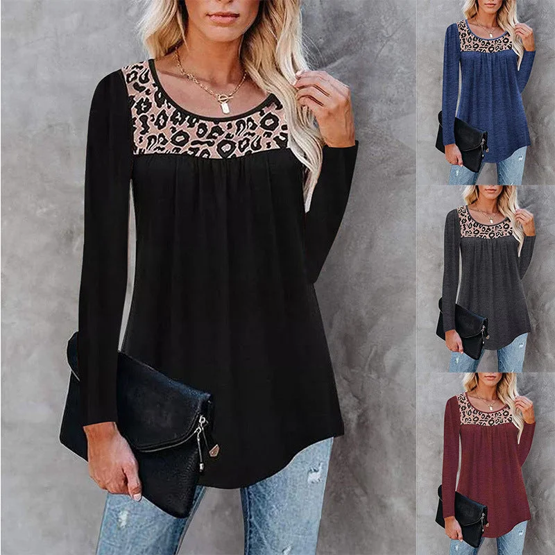 Women's Leopard Splicing Loose Round Neck Long Sleeve T-shirt