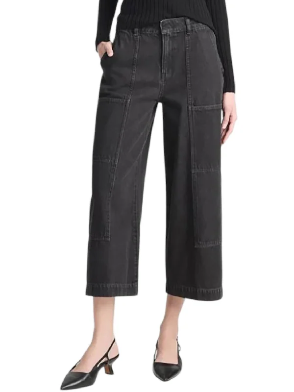 Cotton Mid-Rise Utility Wide Crop Pants In Washed Black