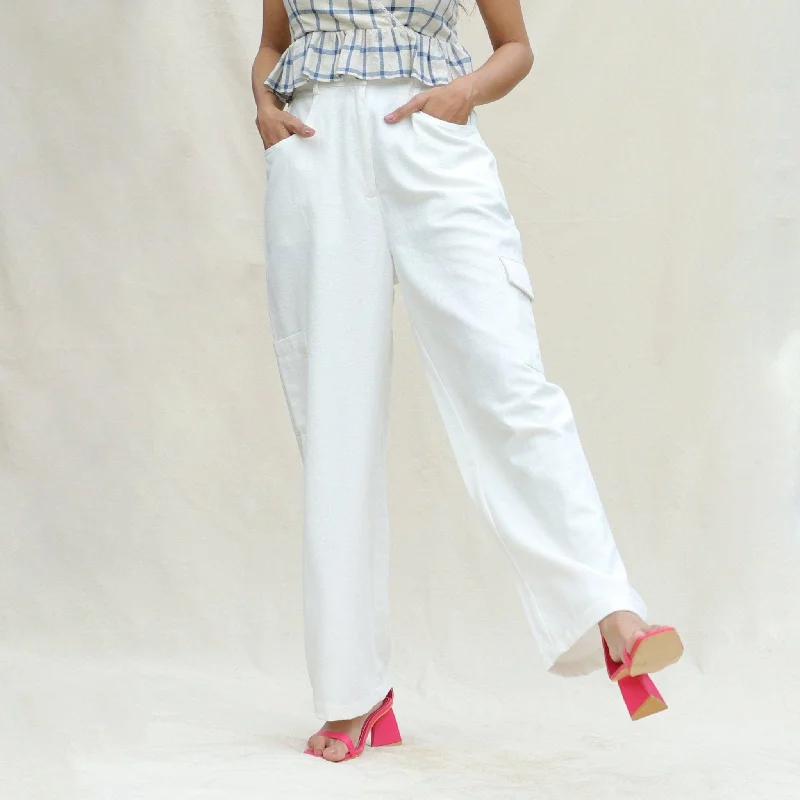 White 100% Cotton Elasticated High-Rise Cargo Pant