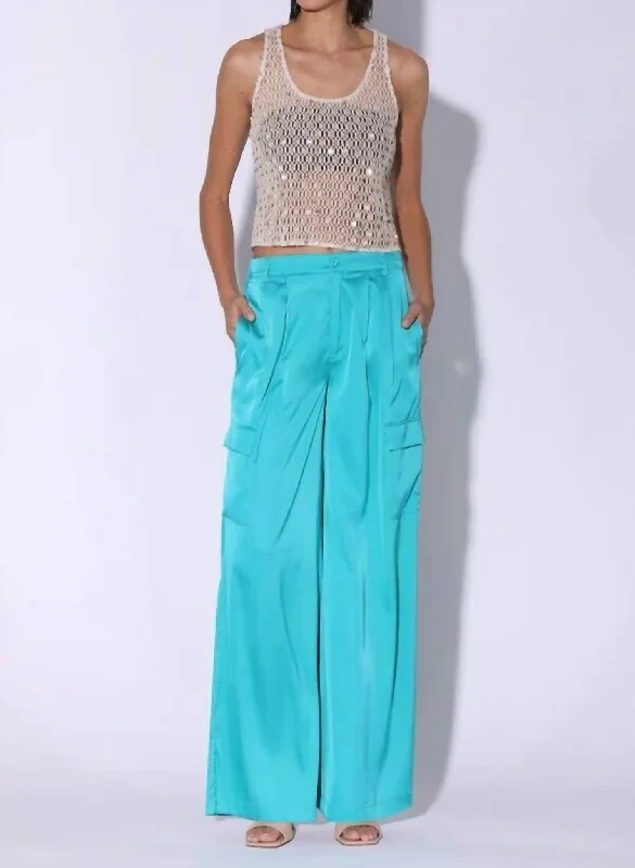 Denver Satin Wide Leg High Rise Pants In Blue