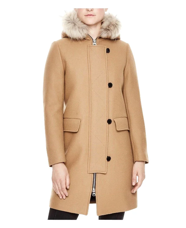 Sandro Women's  Kurt Wool Coat with Fur Trim Hood 4 Buttons