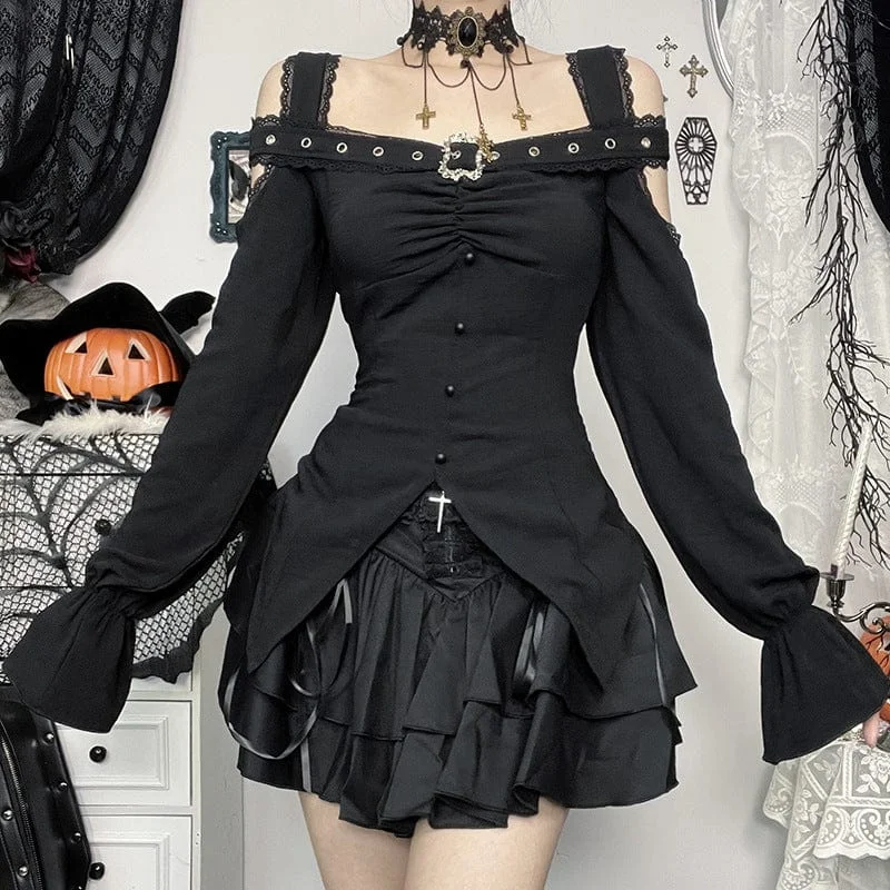 Women's Gothic Buckle-up Lace Long Sleeved Shirt