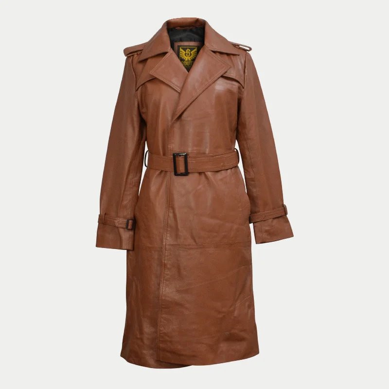 Women Brown Belted Mid-Length Genuine Leather Trench Coat