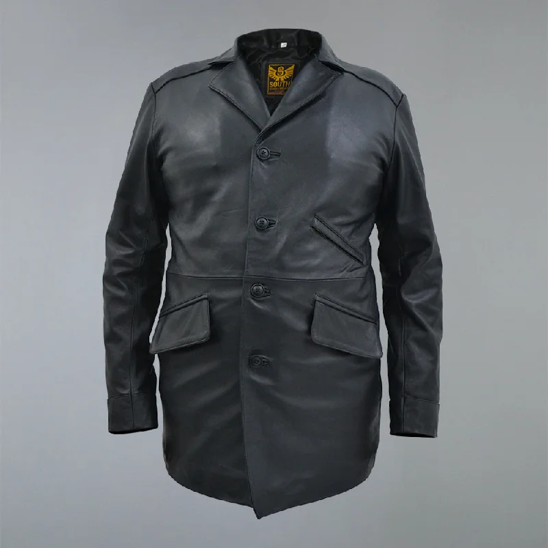 Men's Three Quarter Mid-Lenth Black Designer Genuine Leather Coat