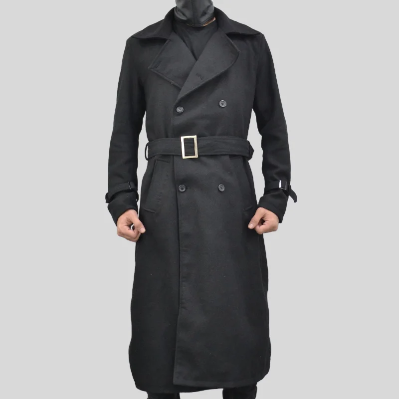 Men's Long Black Double-Breasted Genuine Wool Belted Trench Coat