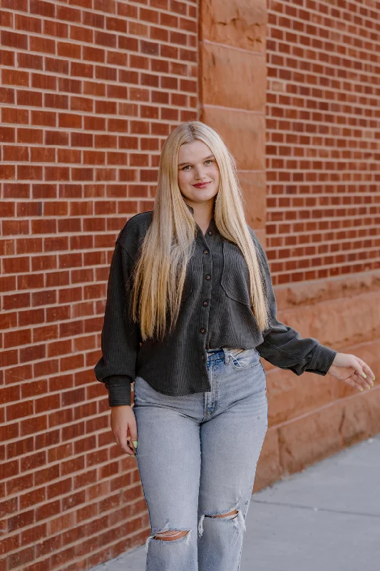 Karsyn Ribbed Button Up | Charcoal