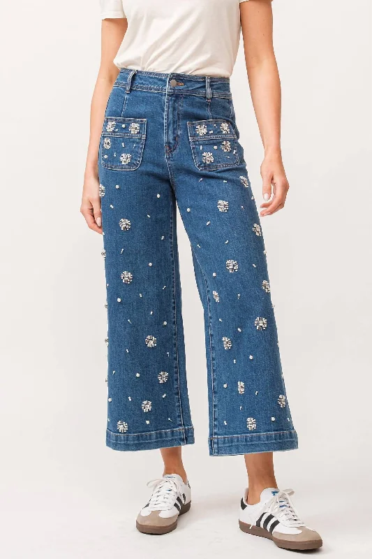 Audrey High Rise Cropped Wide Leg Jeans Embellished In Medium Wash