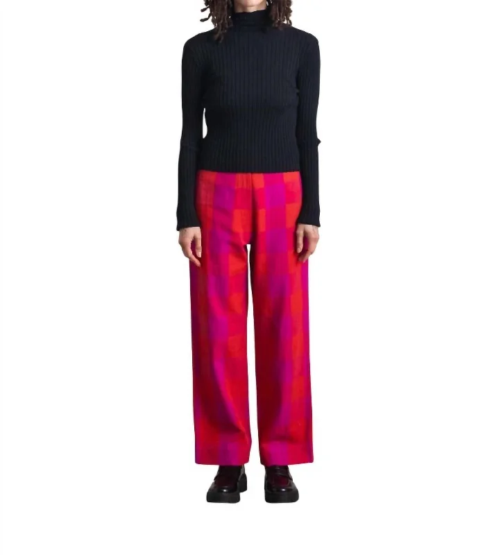 Silk Fly Front Pant In Poppy/pink Plaid