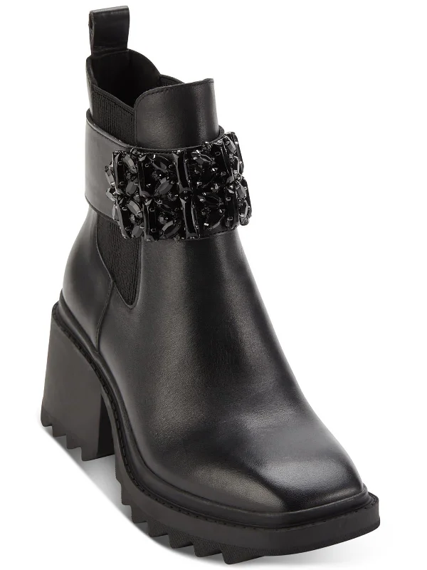 Womens Leather Jeweled Ankle Boots