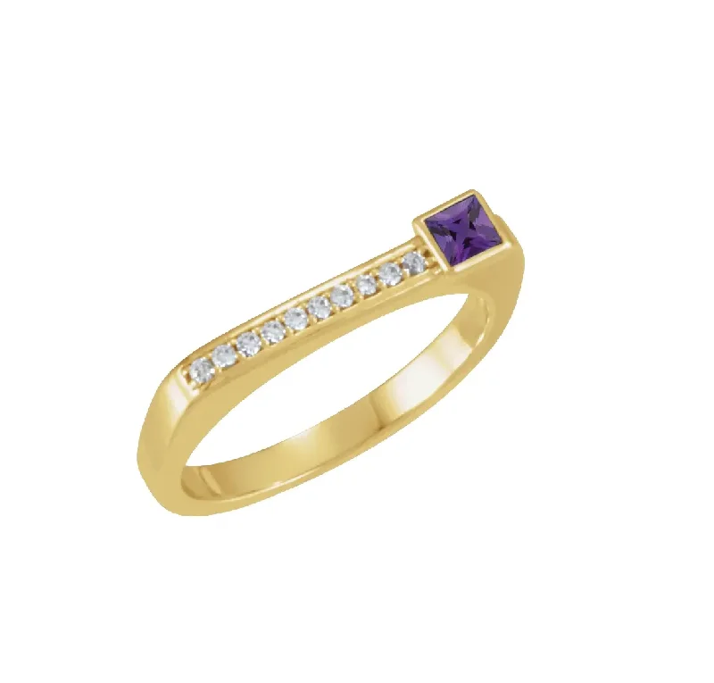 14K White Gold Natural Amethyst and Diamond Stackable Ring