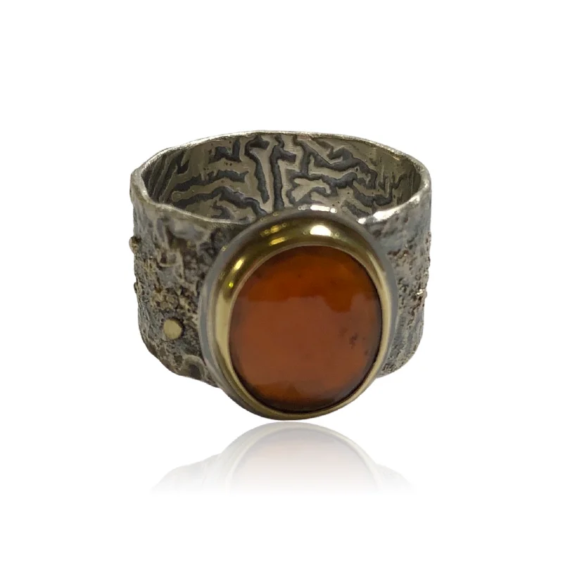 Gold Encrusted Reticulated Silver Ring with Spessatite Rose Cut Garnet set 18k Gold Bezel