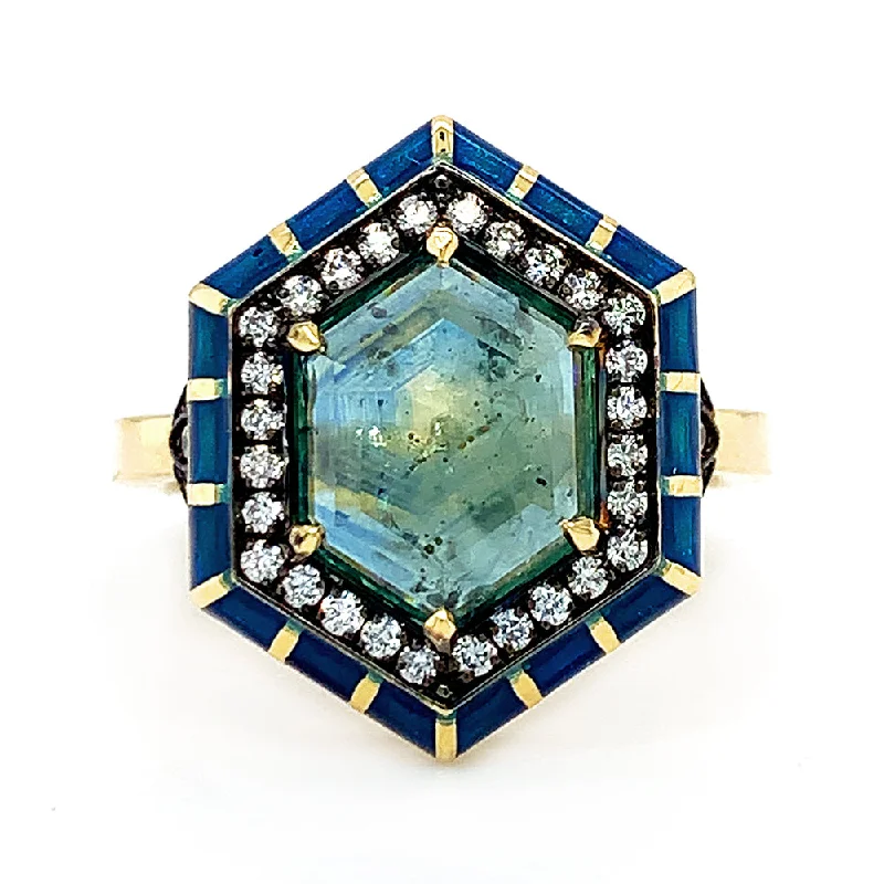 Montana Sapphire, Diamond & Enamel Ring - "Rock Candy Seaside"