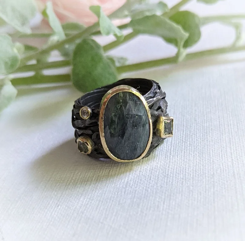 Oxidised Wrap Ring with Tourmaline, Australian Parti Sapphire and Diamond