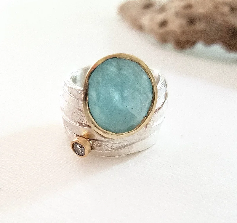 Silver and Gold Wrap Rough Aquamarine Ring