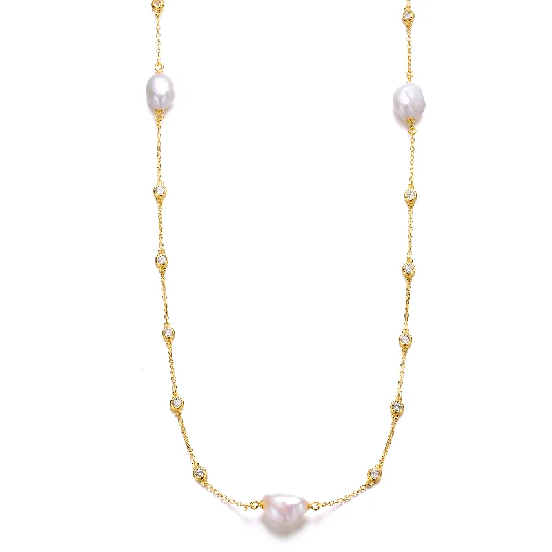 Sterling Silver 14k Yellow Gold Plated Baroque Pearl Bead Station Necklace, Adjustable Length