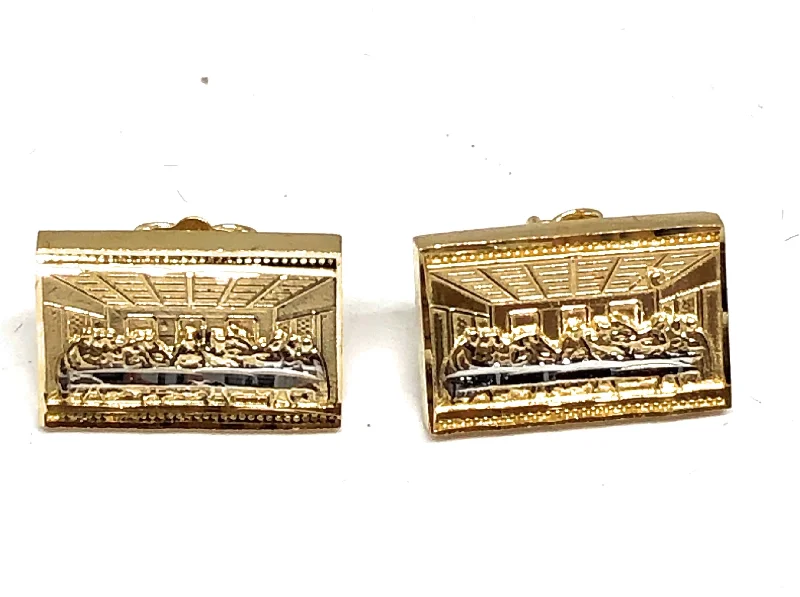 10k Solid Gold 2-Tone Square Last Supper Stud Earrings