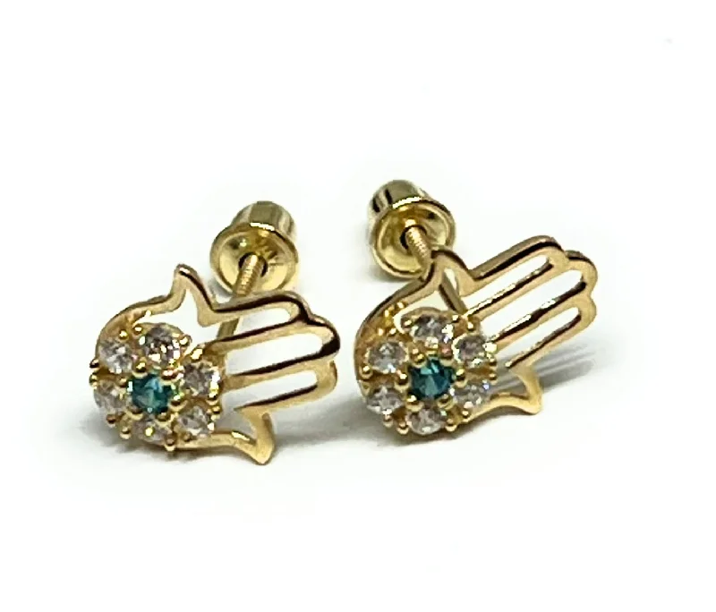 10k Solid Gold CZ Hamsa Evil Eye Mini Dainty Stud Earrings (FCE 12)