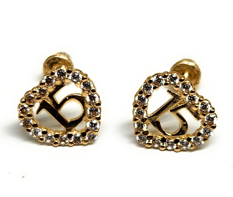 14k Solid Gold SMALL DAINTY Mis 15 Años HEART CZ Stud Earrings (FCE 54) (MADE IN MX)