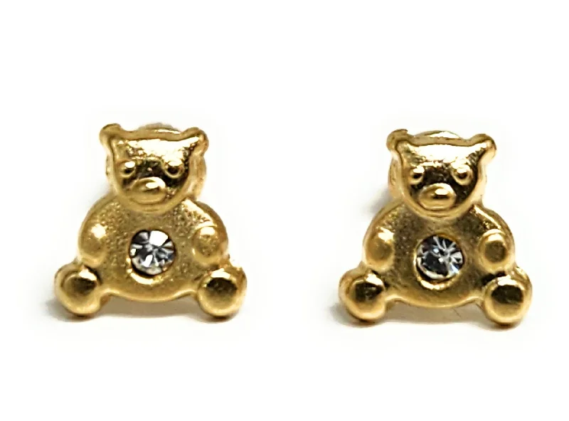 14k Solid Gold SMALL Dainty Teddy Bear CZ STUD Earrings (FCE 56) (MADE IN MX)