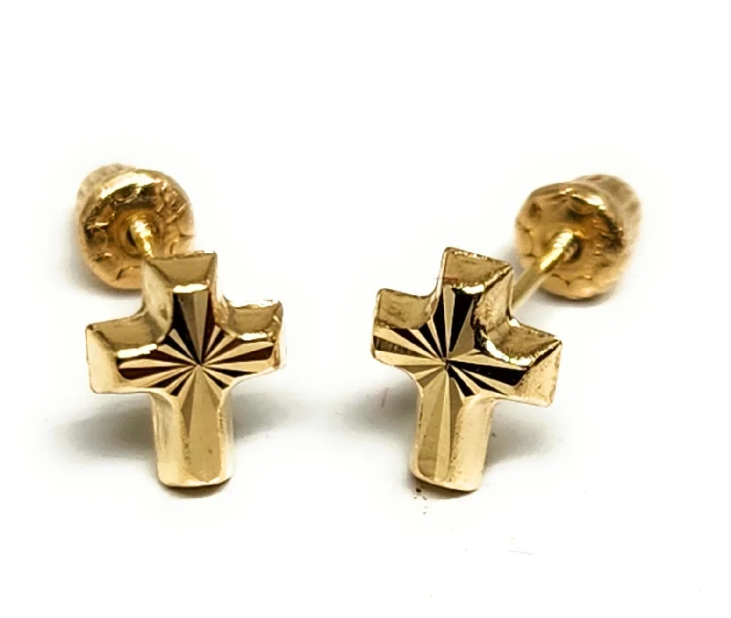 14k Solid Gold SMALL Dainty CROSS STUD Earrings (FCE 57) (MADE IN MX)