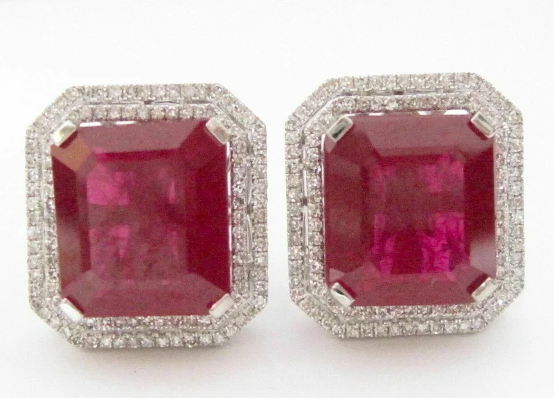 24.02 TCW Radiant Red Ruby & Diamond Accents Stud Earrings 18k White Gold