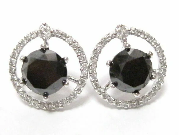 4.72 TCW Natural Round Black Diamond Stud Earrings Push Back 14k White Gold