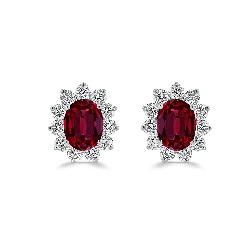 Auriya 2 3/4ct Iconic Oval-cut Red Ruby Halo Diamond Stud Earrings 1 1/4ctw 18k Gold