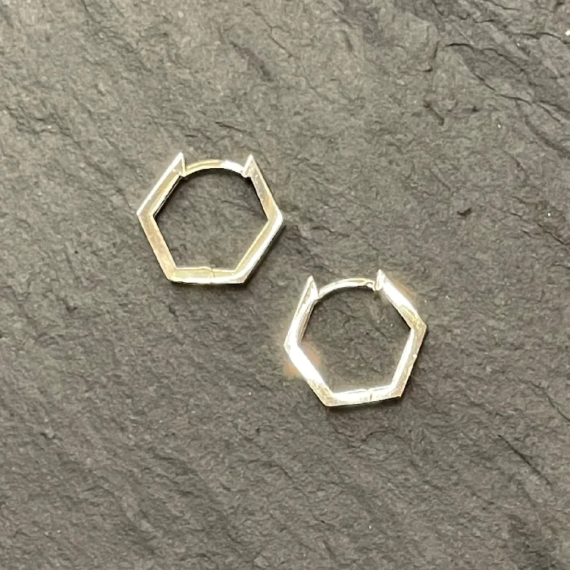 14k Hexagon Huggie Hoops