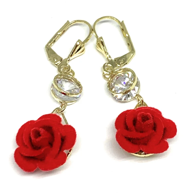 Gold Plated Rose Heart CZ Dangle Earrings Aretes