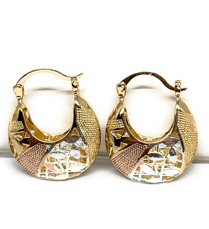 Gold Plated Tri-Color Filigran Elegant Basket Earrings Aretes Canasta Tres Colores