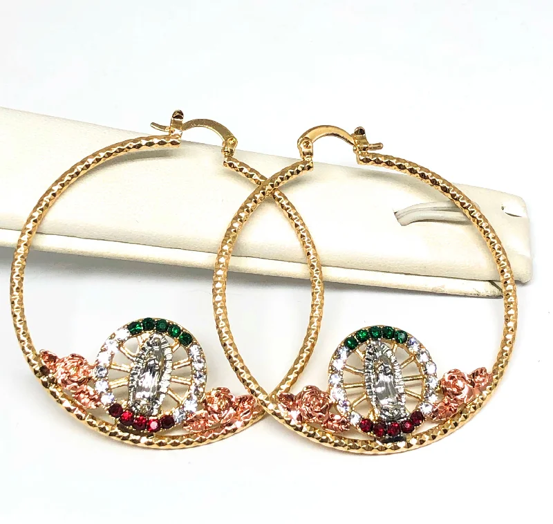 Gold Plated Tri Color Virgin Mary Flower Hoop Earrings Virgen Guadalupe Aretes Arracadas