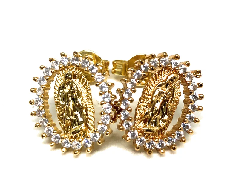 Gold Plated Virgin Mary Earrings w/ Stones Aretes Virgen Guadalupe