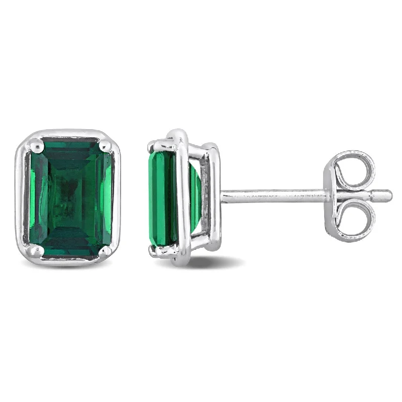 Miadora 1 4/5ct TGW Created Emerald Bezel Style Emerald Cut Stud Earrings in Sterling Silver