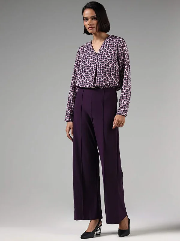 Wardrobe Dark Purple Front-Seam Wide-Leg Trousers