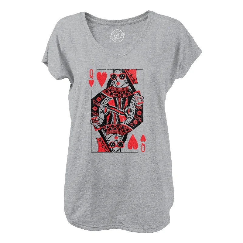 Womens Queen Of Hearts V-Neck Funny Vintage Graphic Cool Cute Shirt For Ladies