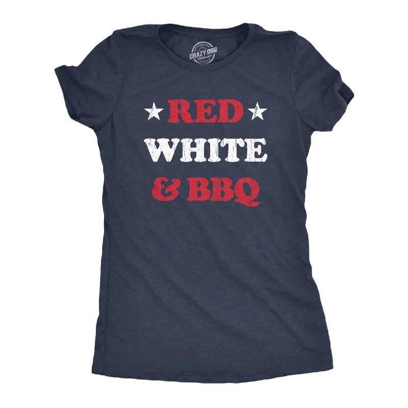 Womens Red White And BBQ T Shirt Funny Patriotic Barbecue Text Tee For Ladies