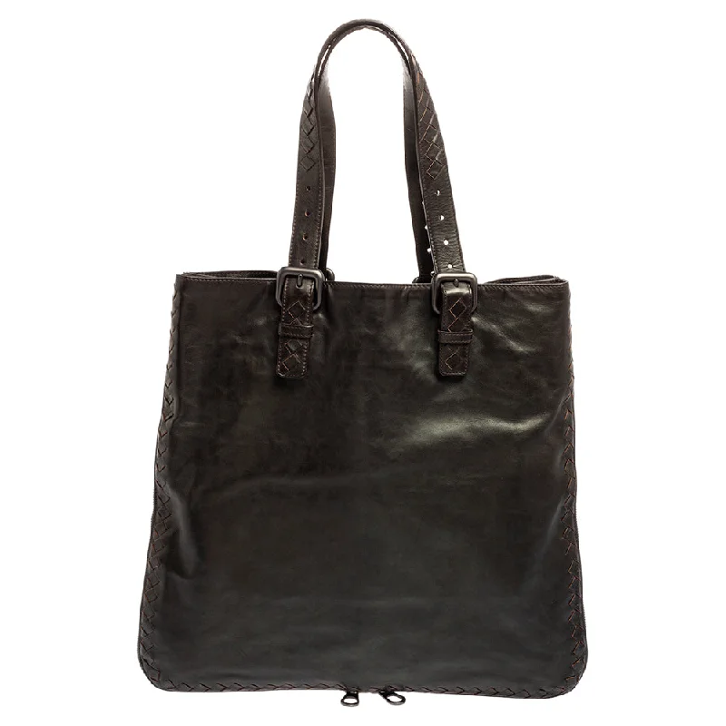 Bottega Veneta Dark Intrecciato Trim Leather Expandable Tote