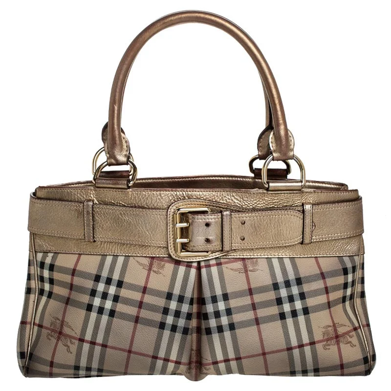 Burberry Beige/gold Haymarket Check Coated Canvas And Leather Bridle Tote