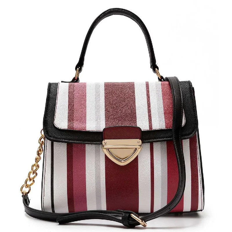 Burgundy/Grey Striped Satchel HandBag Purse