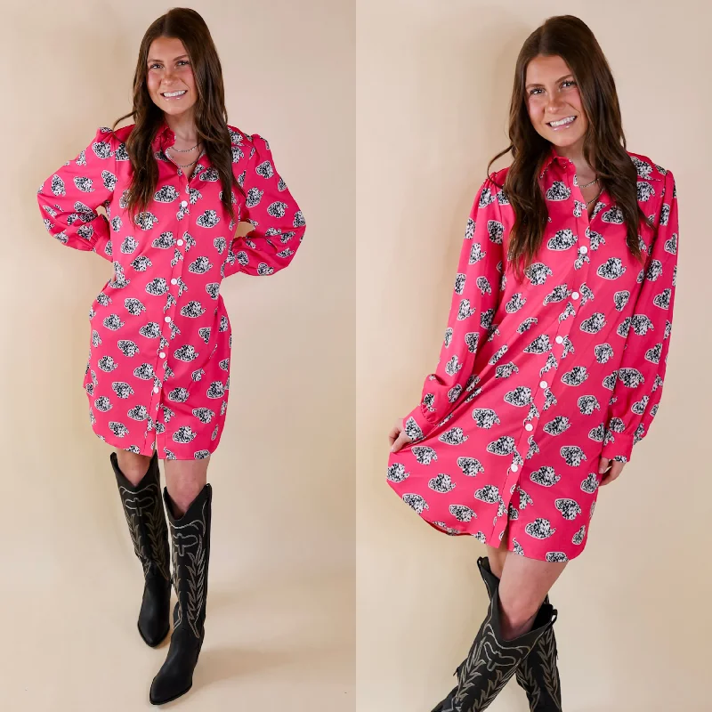 The Cowgirl Way Button Up Cow Print Cowboy Hat Dress in Hot Pink