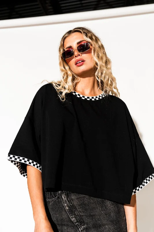 Frankie Cropped Tee in Black + Checkerboard