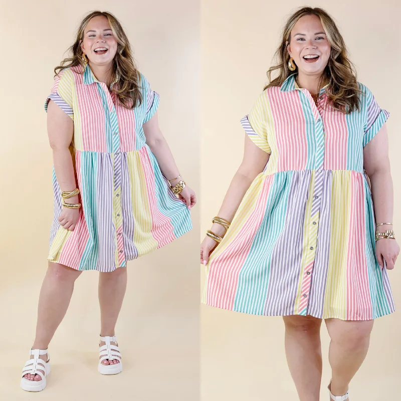 Spring Symphony Multi Color Striped Dress with Collar