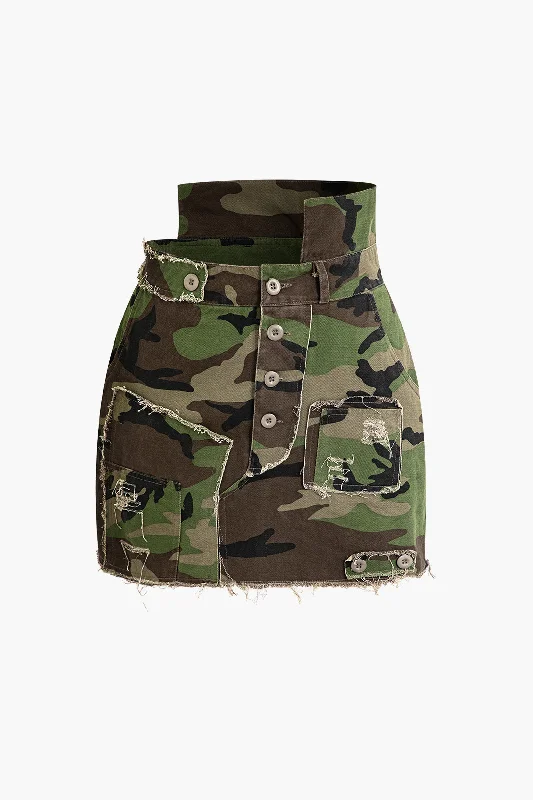 Camo Frayed Button Up Mini Skirt