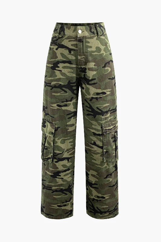 Camo High Waist Flap Pocket Straight Leg Cargo Jeans