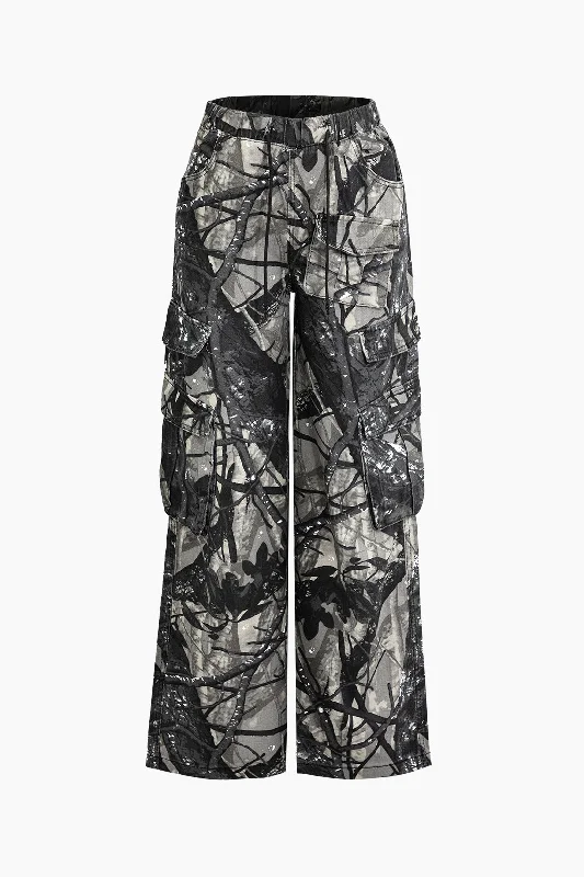 Tree Branch Print Cargo Wide Leg Pants