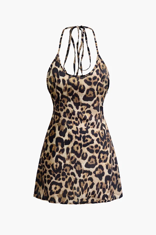 Leopard Print Tie Halter Backless Mini Dress