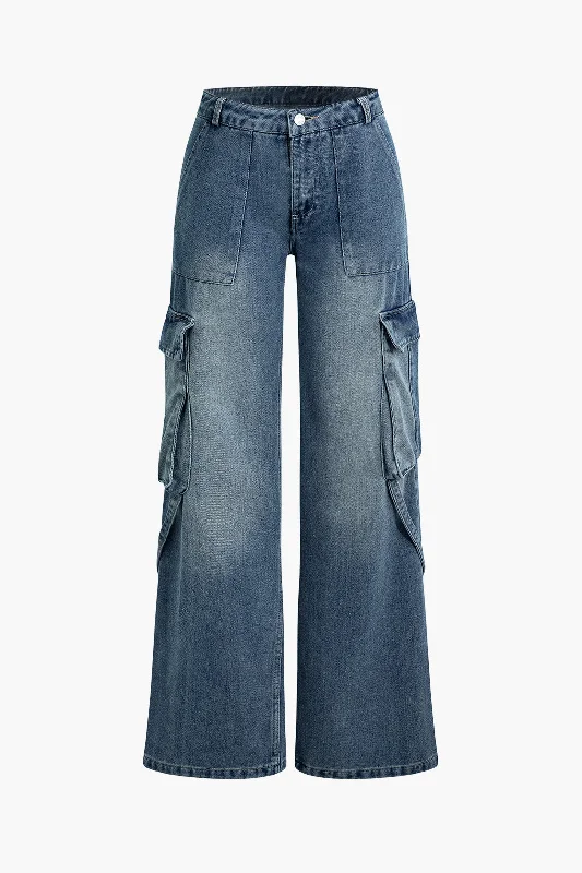 Faded Flap Pocket Wide Leg Jeans